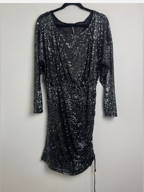 Free People Women's Graphite Sequin Long Sleeve Cocktail Dress Size XL